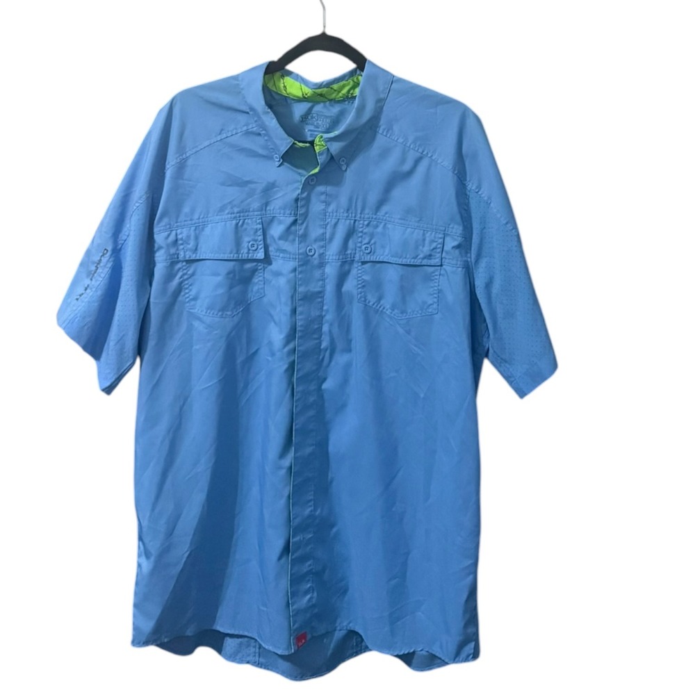 Huk Mens XL Short Sleeve Fishing Shirt Blue Vented Button Up Tide Point Tech